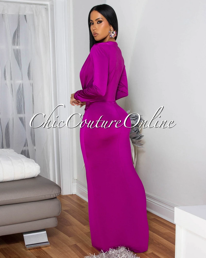 Shelley Magenta Long Sleeves Deep V-Neck Maxi Dress