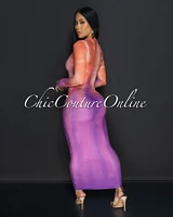 Cleon Peach Purple Mesh Sheer Maxi Dress