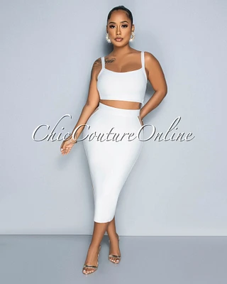 *Parker White Crop Top & Nude Mesh Sides Midi Skirt Bandage Set