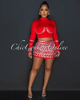 Birka Red Rhinestones Crop Top & Mini Skirt Set