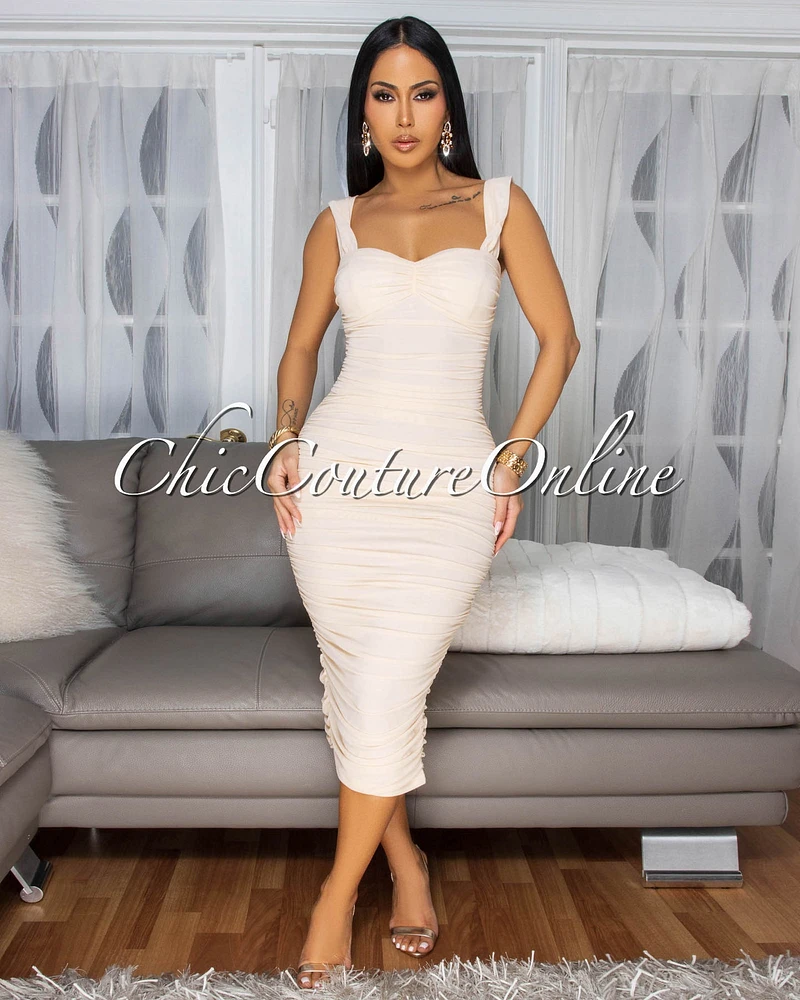 Isoline Cream Padded Ruched Midi Dress