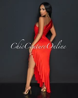 Nilia Tomato Red Cut-Out Hi-Lo Ruffle Hem Maxi Dress