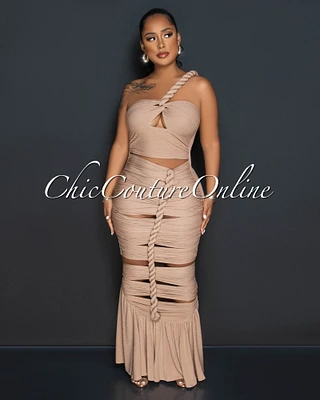 Santhia Mocha Textured Cut-Out Maxi Dress