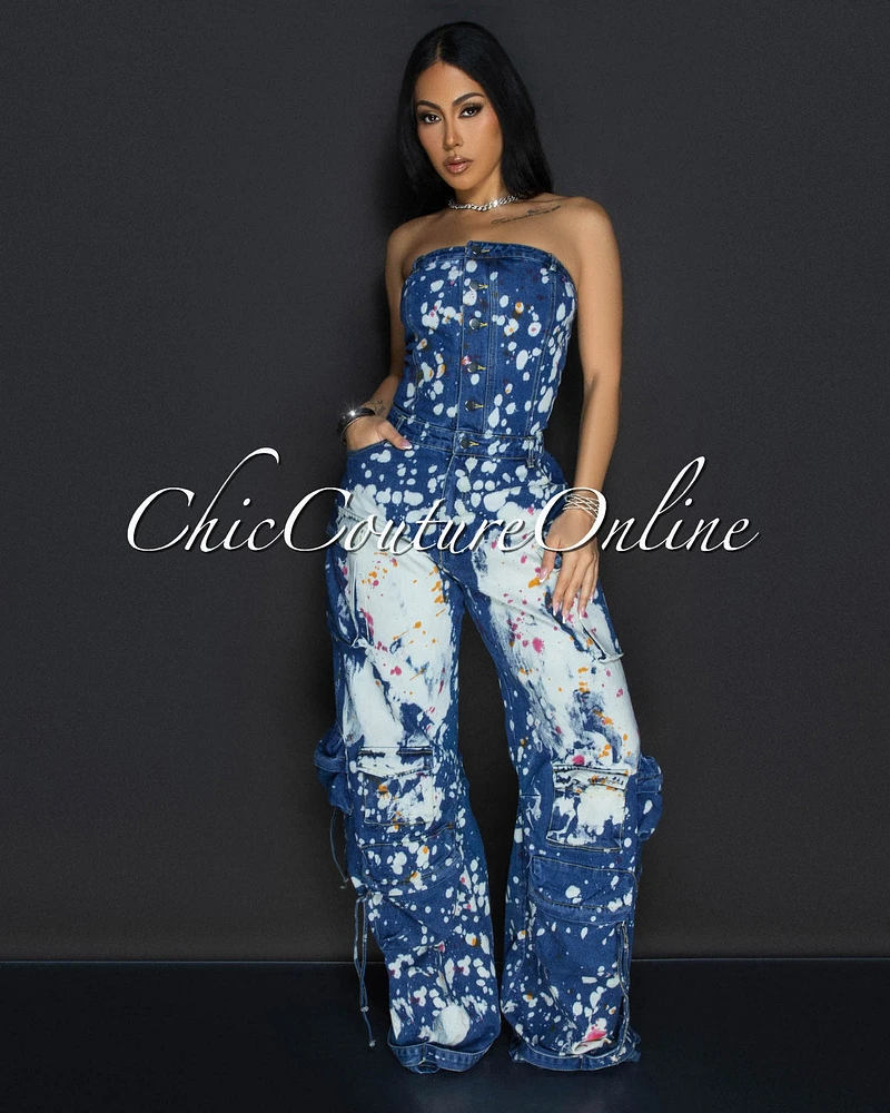 Whitney Medium Denim Strapless Cargo Paint-Dye Jumpsuit