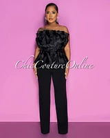 Mikela Black Tulle Pleated Peplum Top Jumpsuit