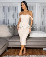 Isoline Cream Padded Ruched Midi Dress