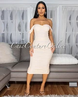 Isoline Cream Padded Ruched Midi Dress