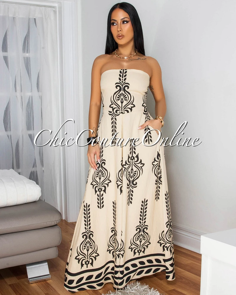 Persephone Cream Black Print Strapless Jumpsuit