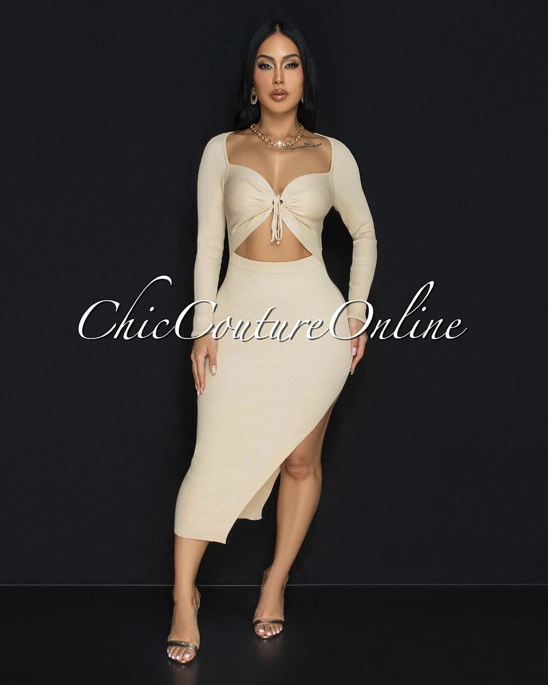 Jaadia Nude Ribbed Cut-Out Bust Midi Dress