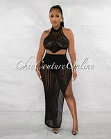 Julie Black Crop Top & Crochet Cover-Up Maxi Skirt Shimmer Set