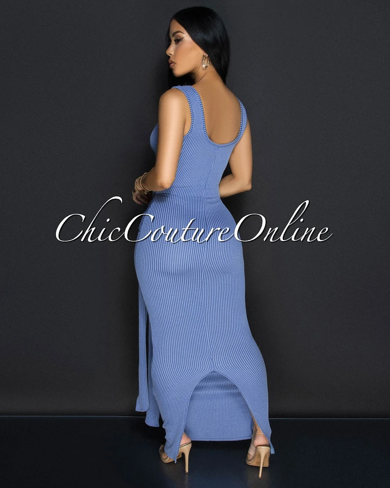 Aventine Slate Blue Ribbed Front Tie Maxi Dress