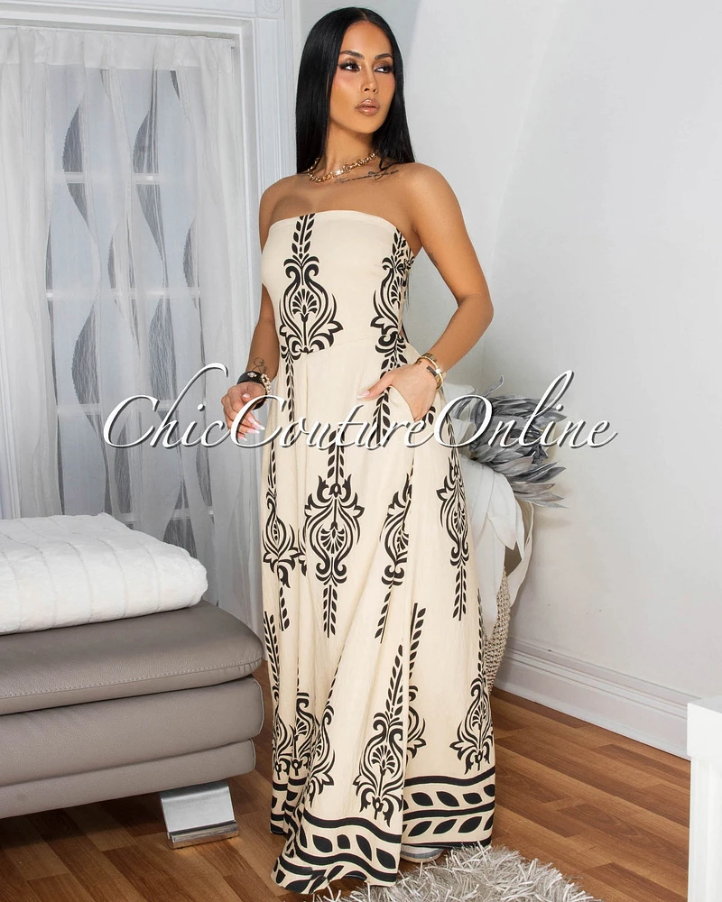 Persephone Cream Black Print Strapless Jumpsuit