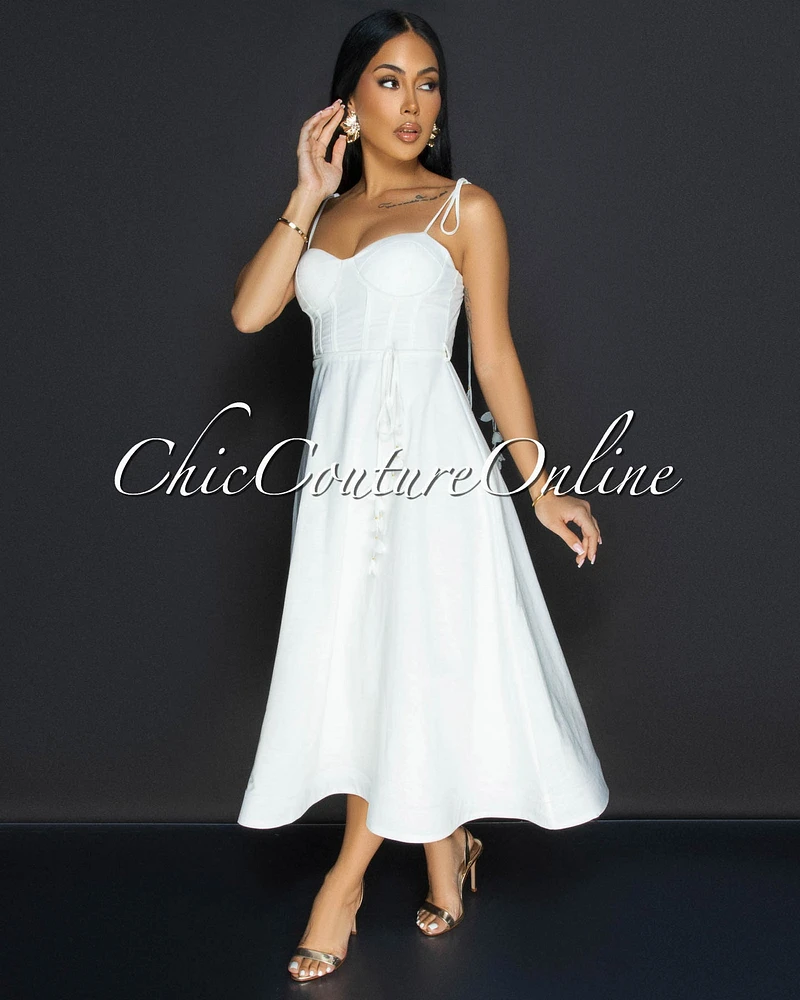 Tia White Linen Sweetheart Midi Dress