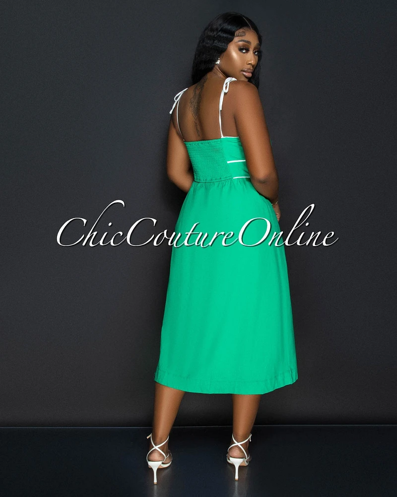 Aretha Green White Trim Midi Dress