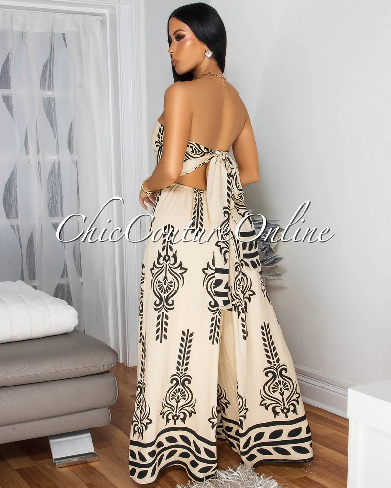 Persephone Cream Black Print Strapless Jumpsuit