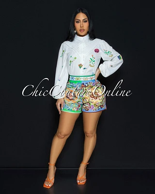 Rhodes Off-White Multi-Color Print Top & Shorts Set