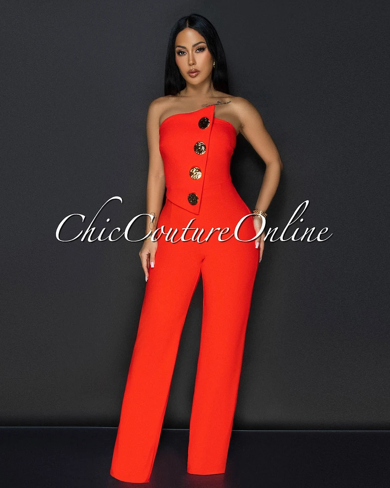 Amiri Orange Gold Accent Button Strapless Jumpsuit