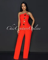 Amiri Orange Gold Accent Button Strapless Jumpsuit