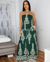 Persephone Hunter Green White Print Strapless Jumpsuit