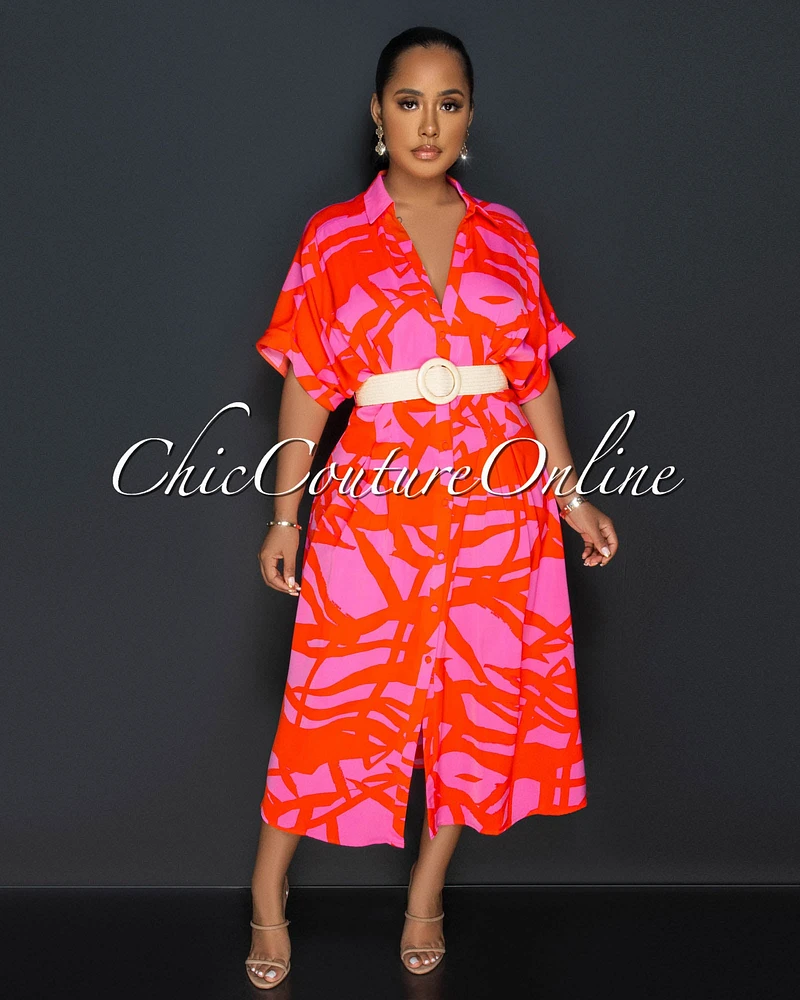 Rockie Orange Fuchsia Nude Straw Belt Shirt Maxi Dress