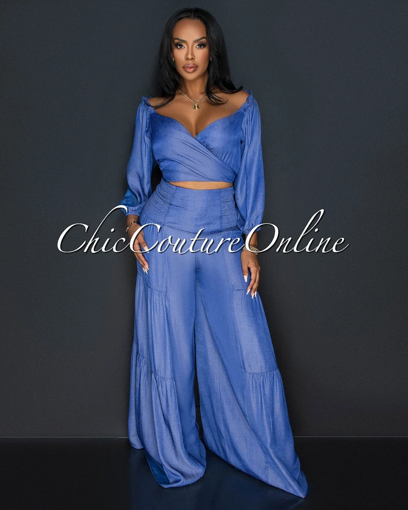 Sukima Blue Front Tie Top & Wide Pants Chambray Set