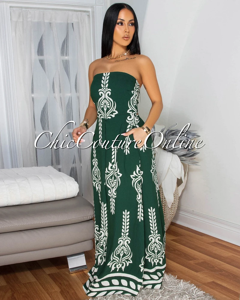 Persephone Hunter Green White Print Strapless Jumpsuit