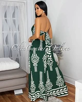 Persephone Hunter Green White Print Strapless Jumpsuit