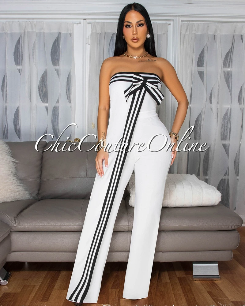 Bendie Off-White Bow Accent Strapless Jumpsuit