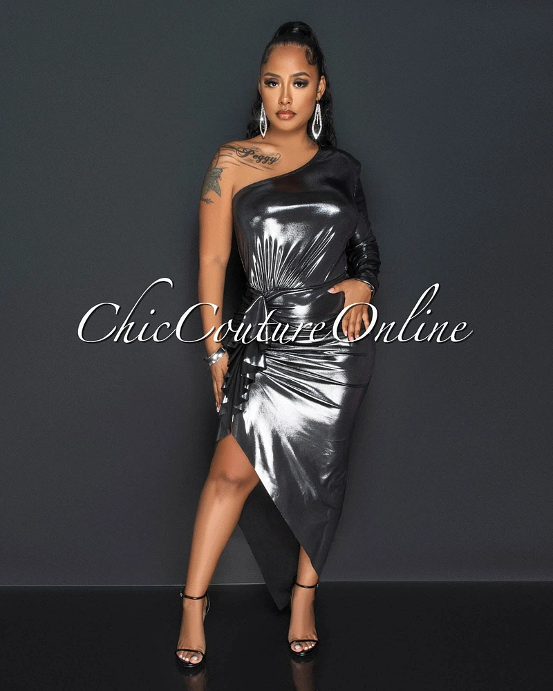 *Lacey Black Silver Single Shoulder Draped Midi Dress