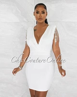 *Joniece Off-White Fringe Sleeves Décor Open Back Dress