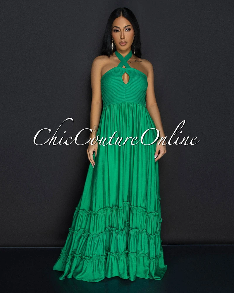 Indie Green Ribbed Halter Maxi Dress