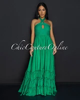 Indie Green Ribbed Halter Maxi Dress