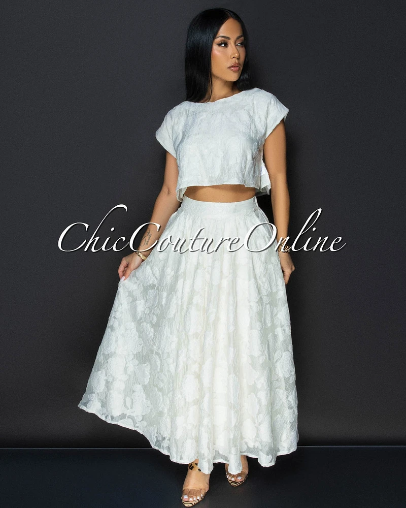 Desideria Cream Textured Crop Top & Maxi Skirt Set