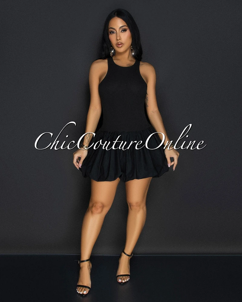 Donya Black Ribbed Bubble Mini Dress