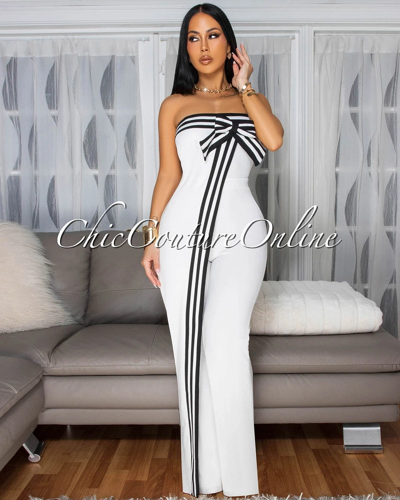 Bendie Off-White Bow Accent Strapless Jumpsuit (SHIPS 3/10)