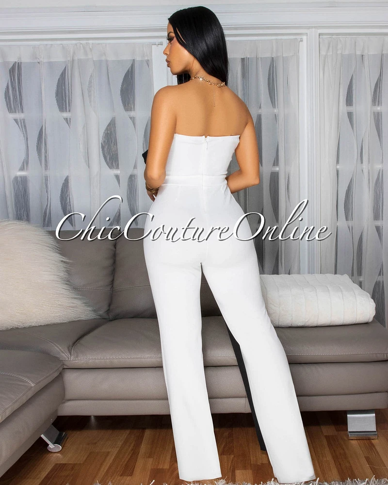 Bendie Off-White Bow Accent Strapless Jumpsuit (SHIPS 3/10)