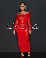 Rosnie Red Mesh Perforated Body-Con Maxi Dress