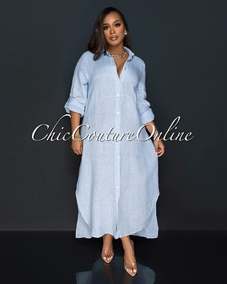 Daleah Baby Blue Front Buttons LINEN Maxi Dress