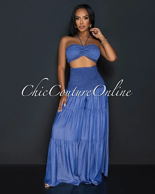 Sita Blue Halter Tube Top & Wide Pants Chambray Set