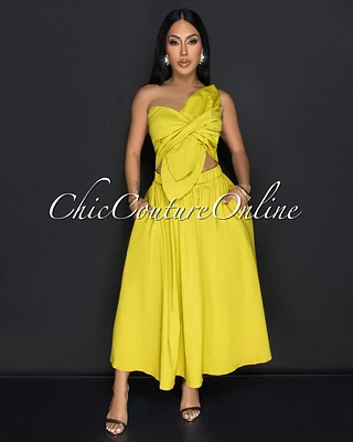 Sizaki Chartreuse Flower Spaghetti Strap Midi Dress