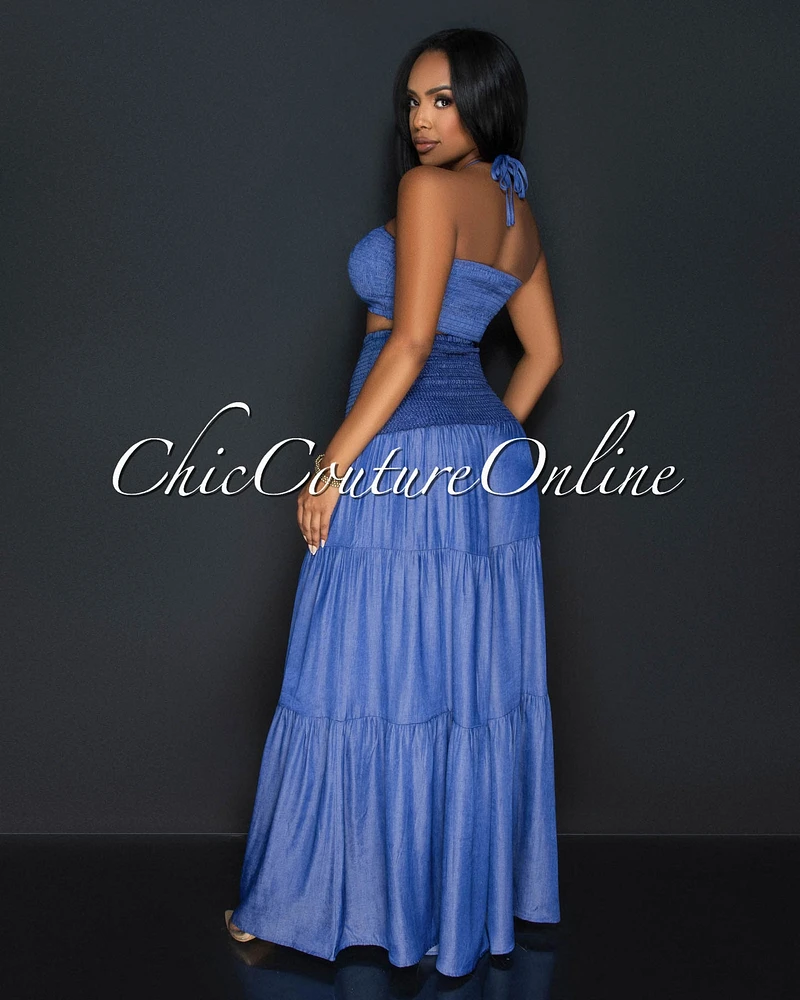 Sita Blue Halter Tube Top & Wide Pants Chambray Set