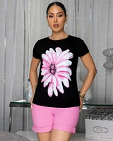 Sunflower Pink Print Black T-Shirt