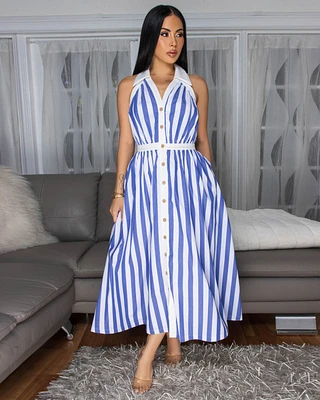Calipso Blue White Stripes Midi Dress