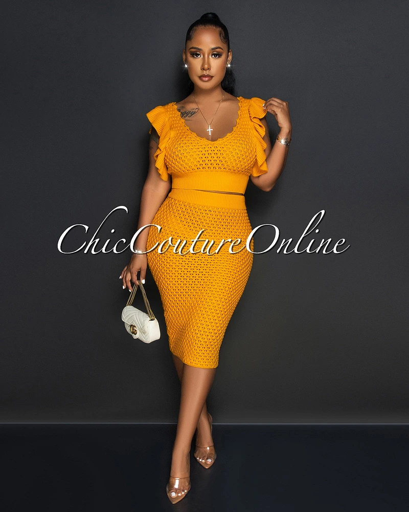 Halley Deep Mustard Crop Top & Crochet Cover-Up Skirt Set