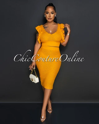 Halley Deep Mustard Crop Top & Crochet Cover-Up Skirt Set