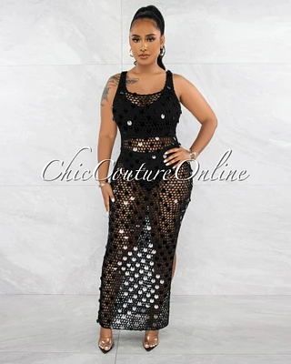 *Shada Black Sequins Crochet Cover-Up Maxi Dress