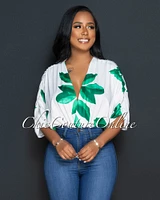 Naija White Leaf Print Draped Bodysuit