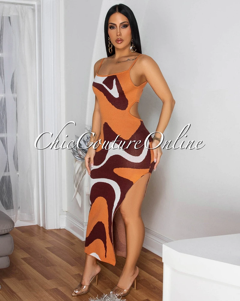 Alethia Salmon Brown Cut-Out Back Knit Dress