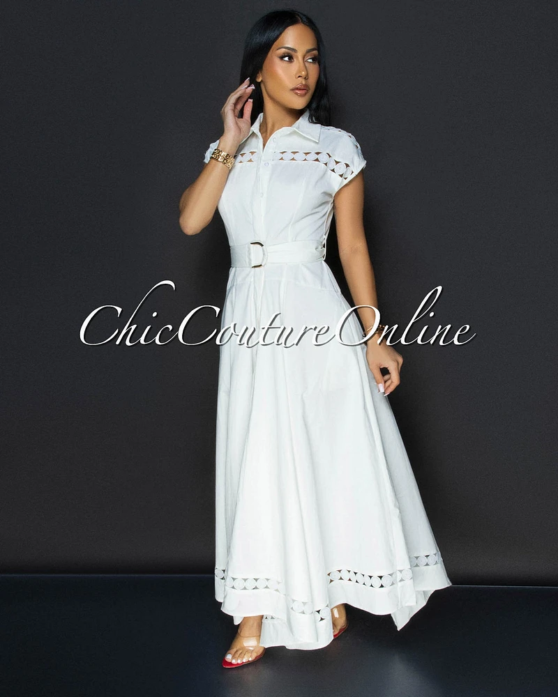 Helena Off-White Belted Luxe Maxi Dress