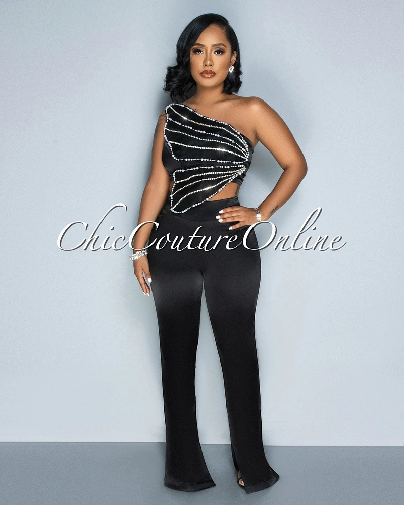 Mayfield Black Rhinestones Crop Top & Bell Legs Pants Set